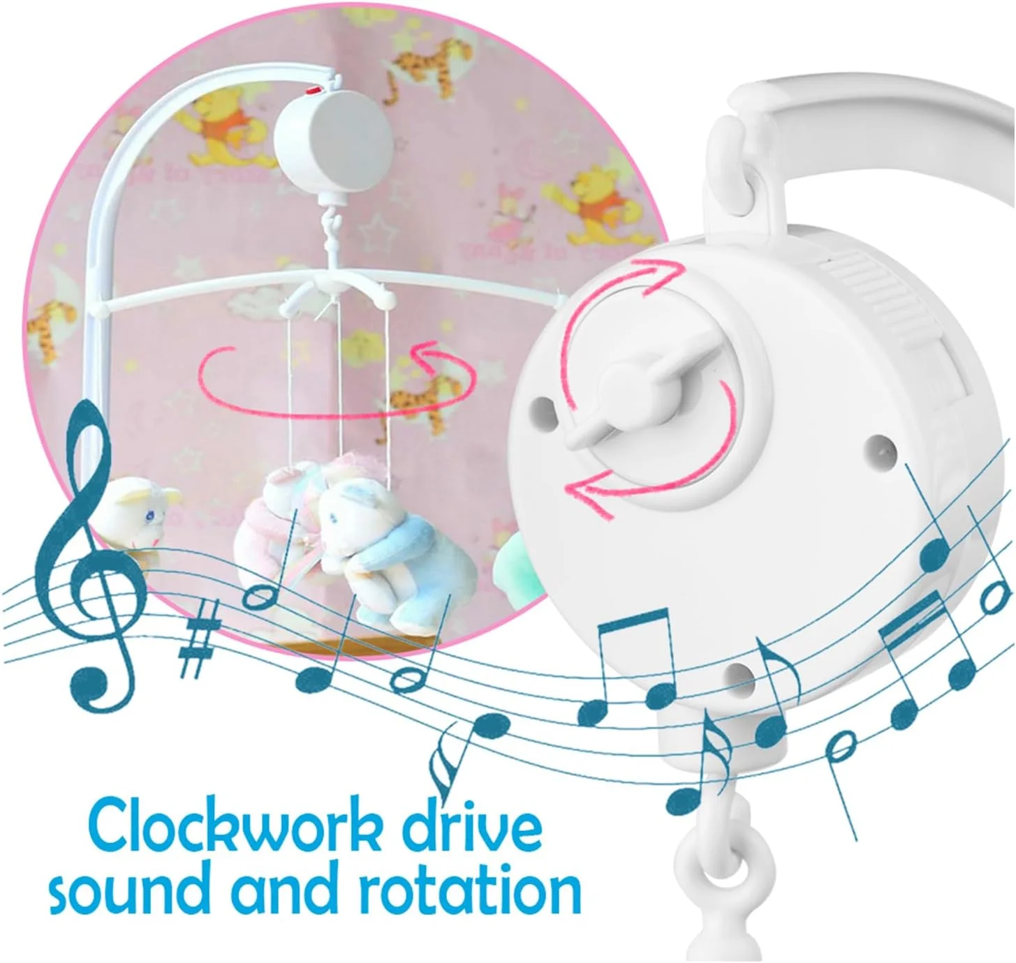 نگهدارنده تخت نوزاد، بازوی آویز تخت با جعبه موسیقی مکانیکی و براکت نگهدارنده توسعه یافته، پیچ و مهره، زنگ تخت بدون اسباب بازی برای نوزاد دختر و پسر