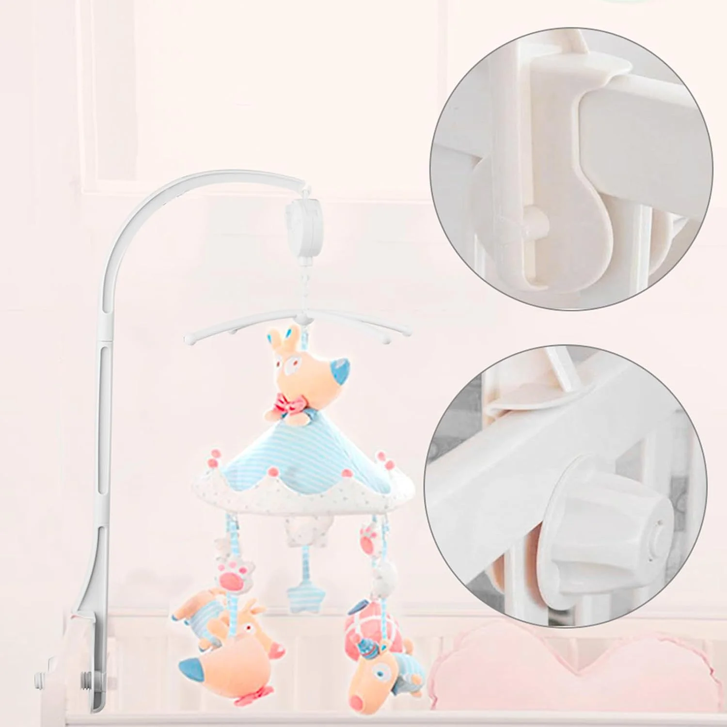 نگهدارنده تخت نوزاد، بازوی آویز تخت با جعبه موسیقی مکانیکی و براکت نگهدارنده توسعه یافته، پیچ و مهره، زنگ تخت بدون اسباب بازی برای نوزاد دختر و پسر