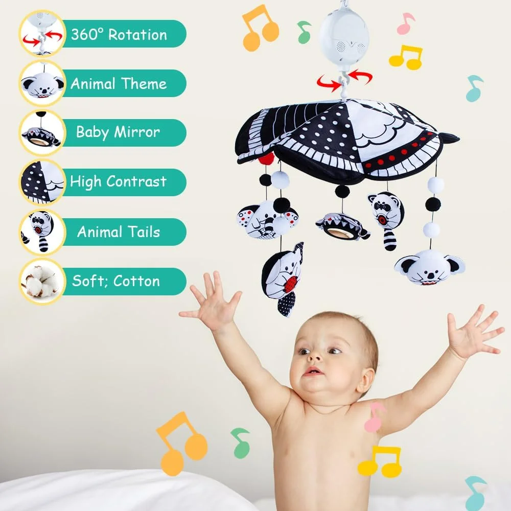آویز تخت نوزاد، آویز تخت نوزاد با آینه، اسباب بازی موبایل با کنتراست بالا سیاه و سفید برای نوزادان پسر و دختر، آویز چرخشی تخت نوزاد، اسباب بازی های تخت خواب کودکانه، نوع دستگیره