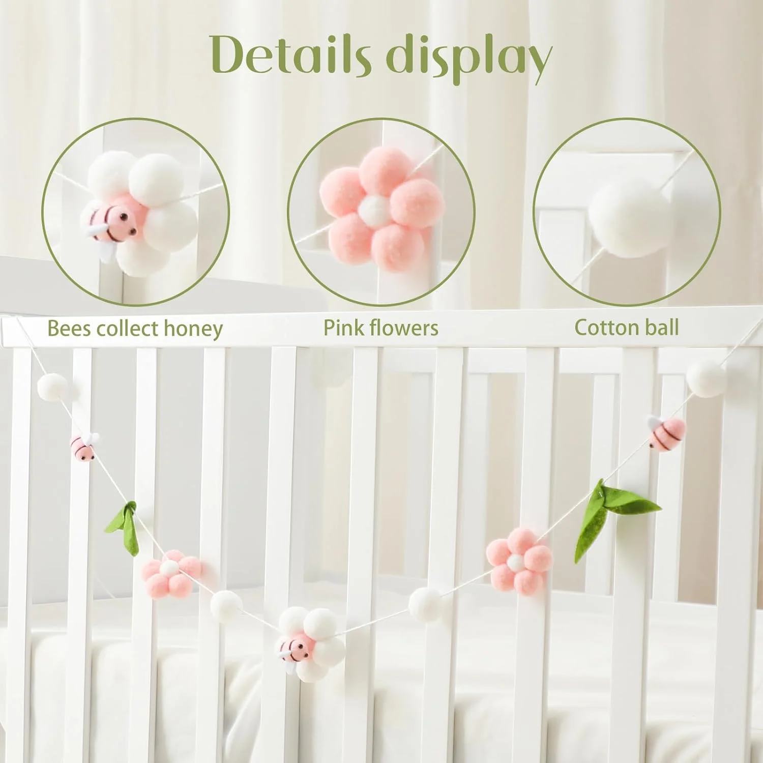 آویز بالای تخت نوزاد، آویز تزئینی تخت نوزاد برای دختران و پسران، دکوراسیون اتاق کودک با طرح زنبور و گل، اسباب بازی آرامش بخش، ست هدیه سیسمونی برای تزئین اتاق نوزاد، صورتی