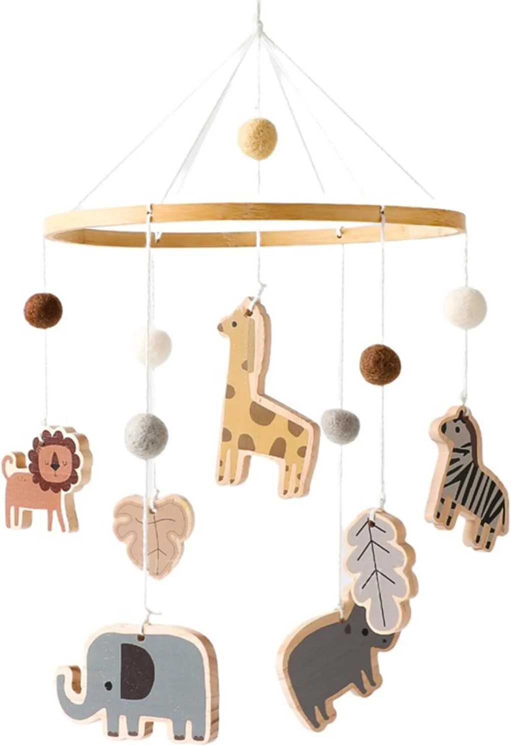 آویز چوبی بالای تخت نوزاد با توپ های نمدی، زنگ تخت نوزاد، دکوری اتاق خواب، آویز برای گهواره نوزاد، زنگ تخت نوزاد