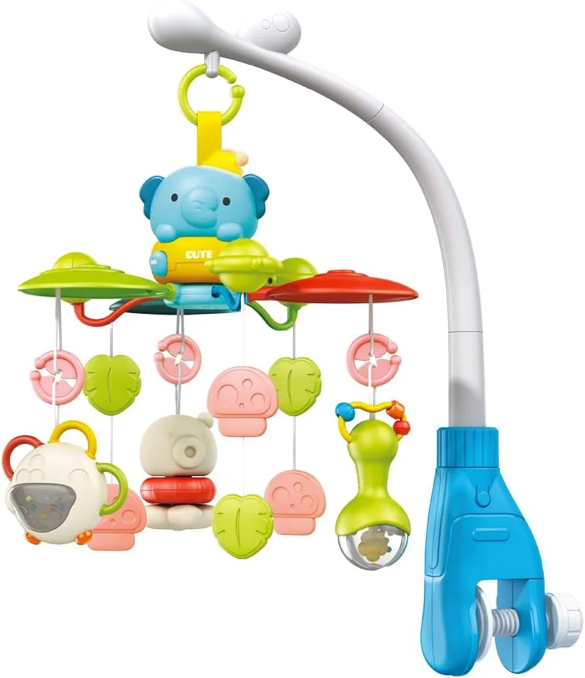 موبایل تخت نوزاد با پروژکتور و موسیقی، بلوتوث، موبایل موزیکال چرخشی با نور، ملودی های پیانو، کنترل صدا، تایمر و 3 گزینه نصب، مناسب برای اکثر تخت ها (آبی)