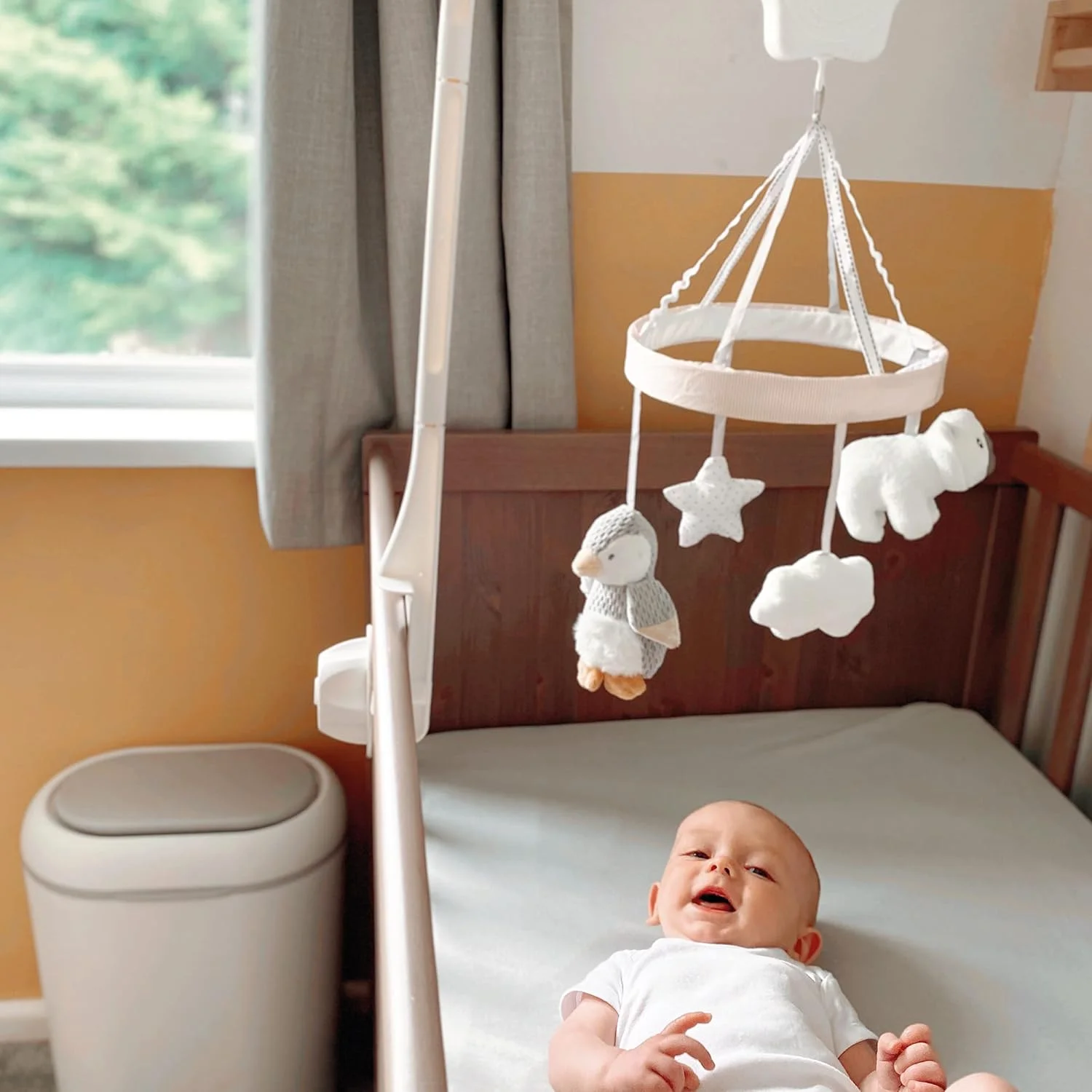 آویز موزیکال تخت نوبی طرح پنگوئن برای نوزادان - آویز چرخشی تخت نوزاد با بازوی قابل تنظیم برای نصب روی اکثر تخت‌ها | لالایی‌های آرامش‌بخش | اسباب‌بازی‌های پولیشی