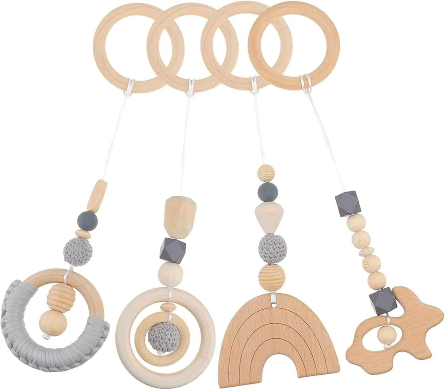 آویز چوبی تخت نوزاد AM ANNA، حلقه های دندانی اسباب بازی چوبی، آویز پرستاری، اسباب بازی صندلی ماشین کودک (4 عدد آویز خاکستری)