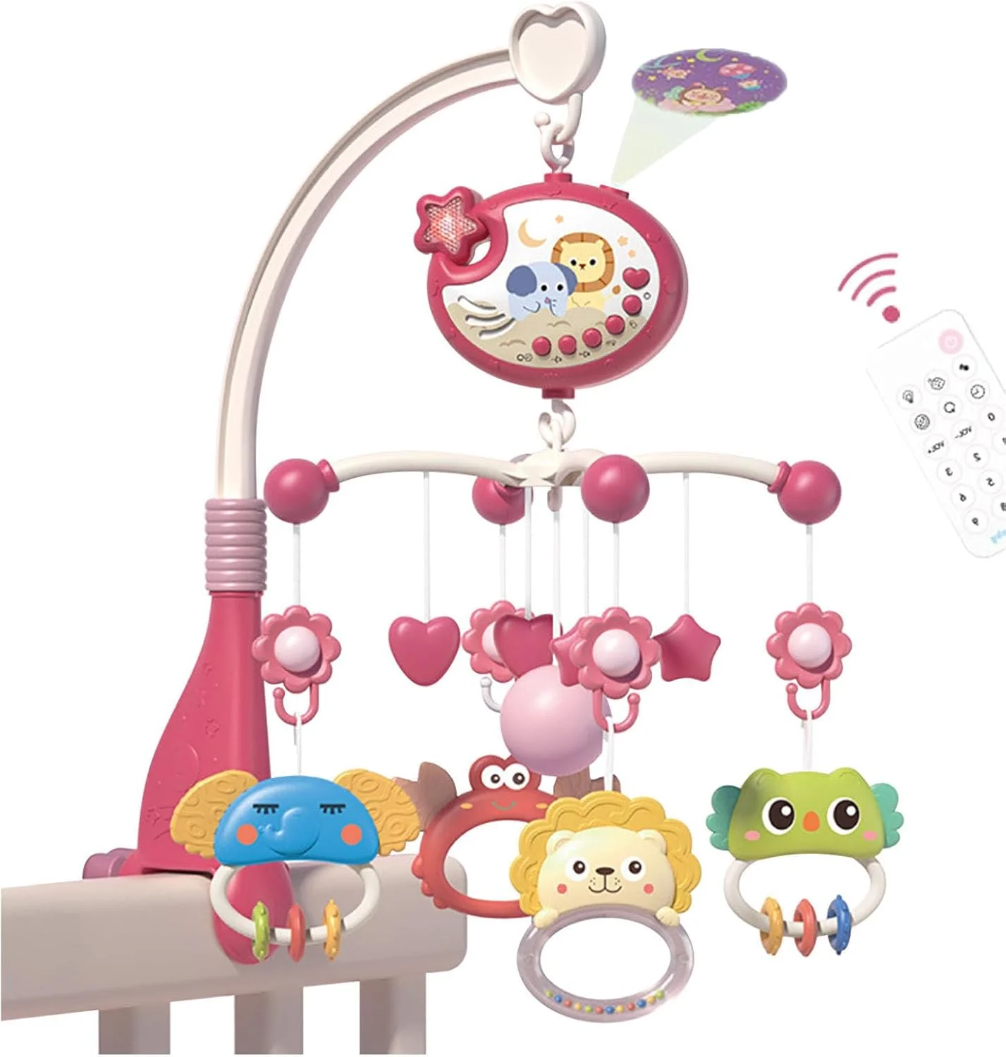 موبایل تخت نوزاد با قابلیت پخش موسیقی، پروژکتور نور و آویزهای اسباب بازی، جعبه موزیکال چرخشی، پروژکتور موبایل با کنترل از راه دور برای خواب نوزاد پسر و دختر 0-6 ماه (قرمز)