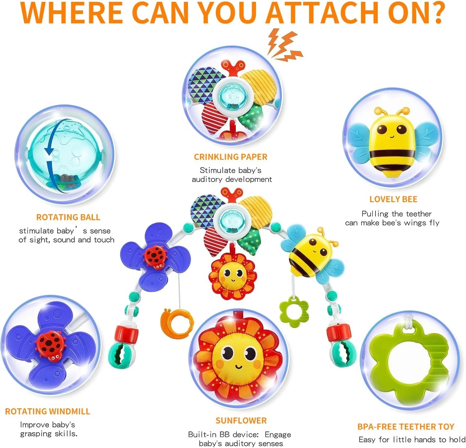 آویز تخت قابل تنظیم Masroo برای نوزادان و کودکان نوپا، آویز کالسکه، اسباب بازی تخت نوزاد با اسباب بازی های جذاب برای تحریک حواس نوزاد و توسعه مهارت های حرکتی