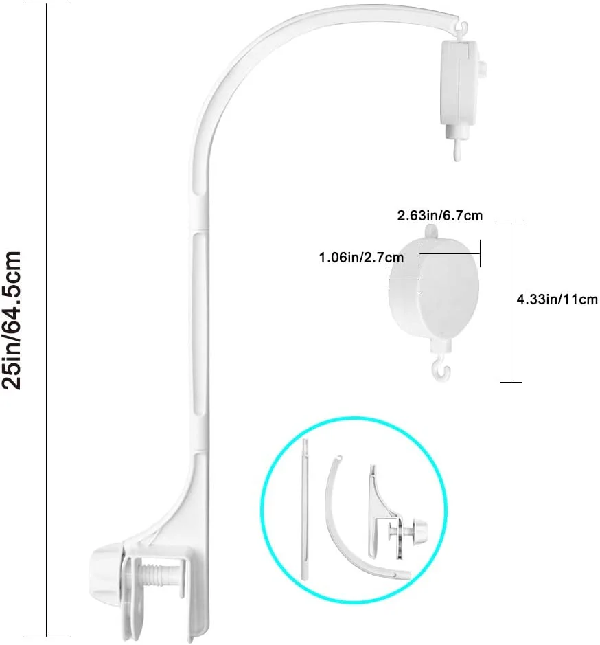 آویز تخت موزیکال کودک 63 سانتی متری، نگهدارنده زنگ تخت نوزاد، اسباب بازی های تزئینی تخت، جعبه موسیقی چرخشی با بازوی پیچی