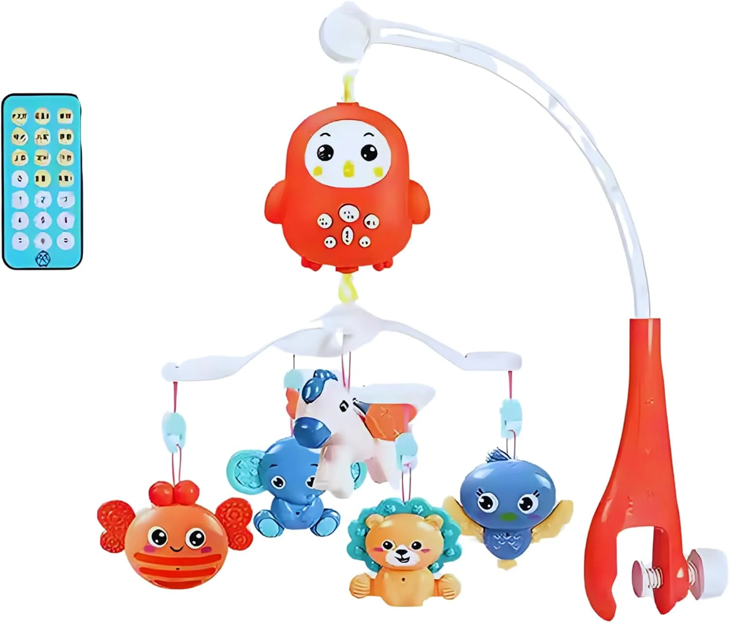 موبایل موزیکال تخت نوزاد با آویزهای چرخشی حیوانات، موسیقی آرامش‌بخش، نور و پروژکتور - اسباب‌بازی رنگارنگ برای نوزادان پسر و دختر، نصب آسان (قرمز)
