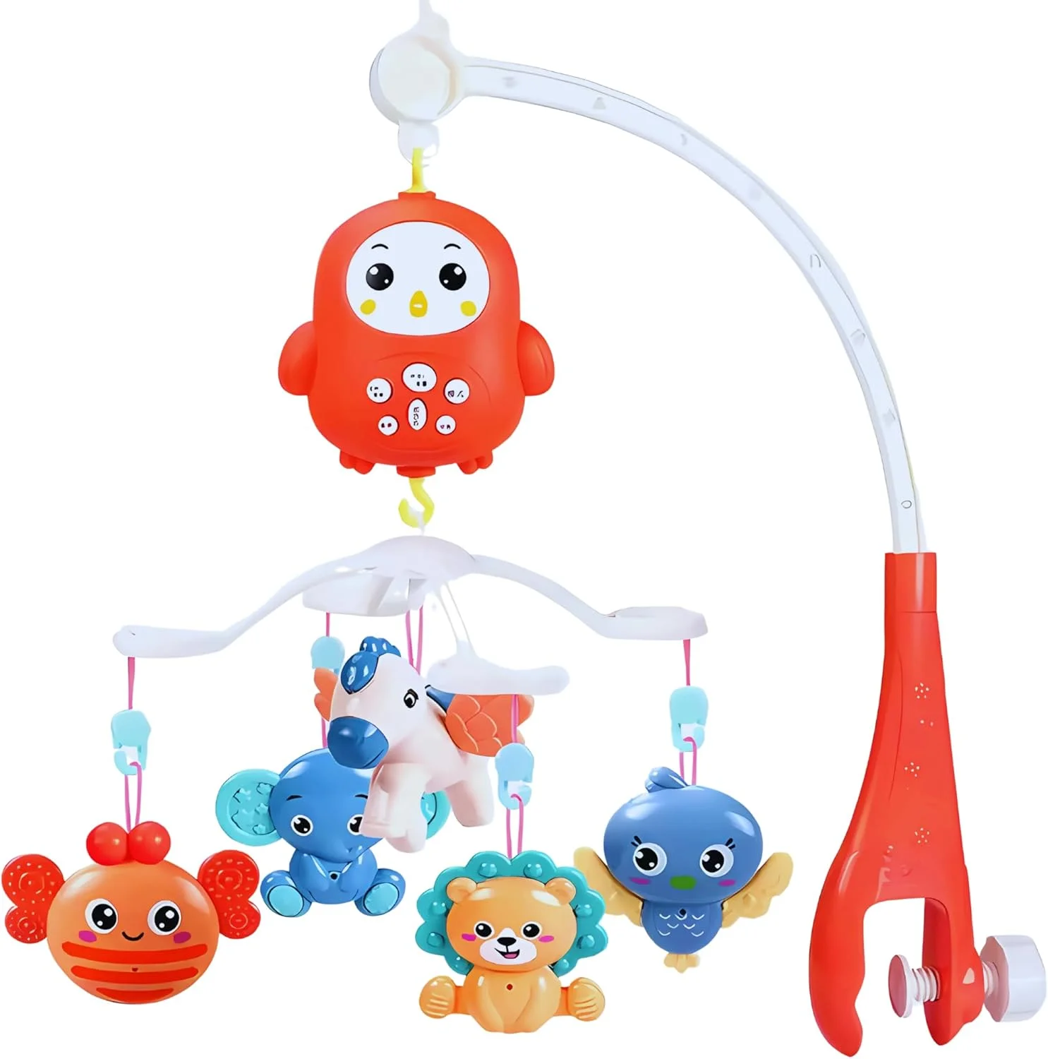 موبایل موزیکال تخت نوزاد با آویزهای چرخشی حیوانات، موسیقی آرامش‌بخش، نور و پروژکتور - اسباب‌بازی رنگارنگ برای نوزادان پسر و دختر، نصب آسان (قرمز)
