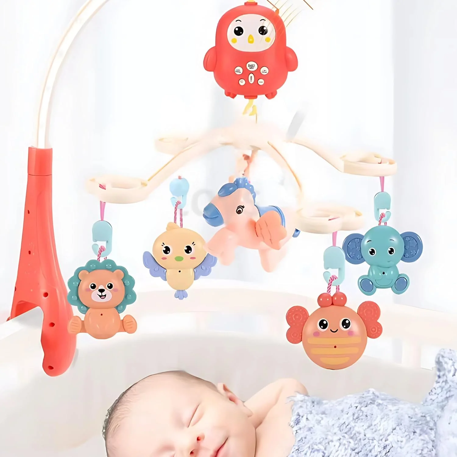 موبایل موزیکال تخت نوزاد با آویزهای چرخشی حیوانات، موسیقی آرامش‌بخش، نور و پروژکتور - اسباب‌بازی رنگارنگ برای نوزادان پسر و دختر، نصب آسان (قرمز)