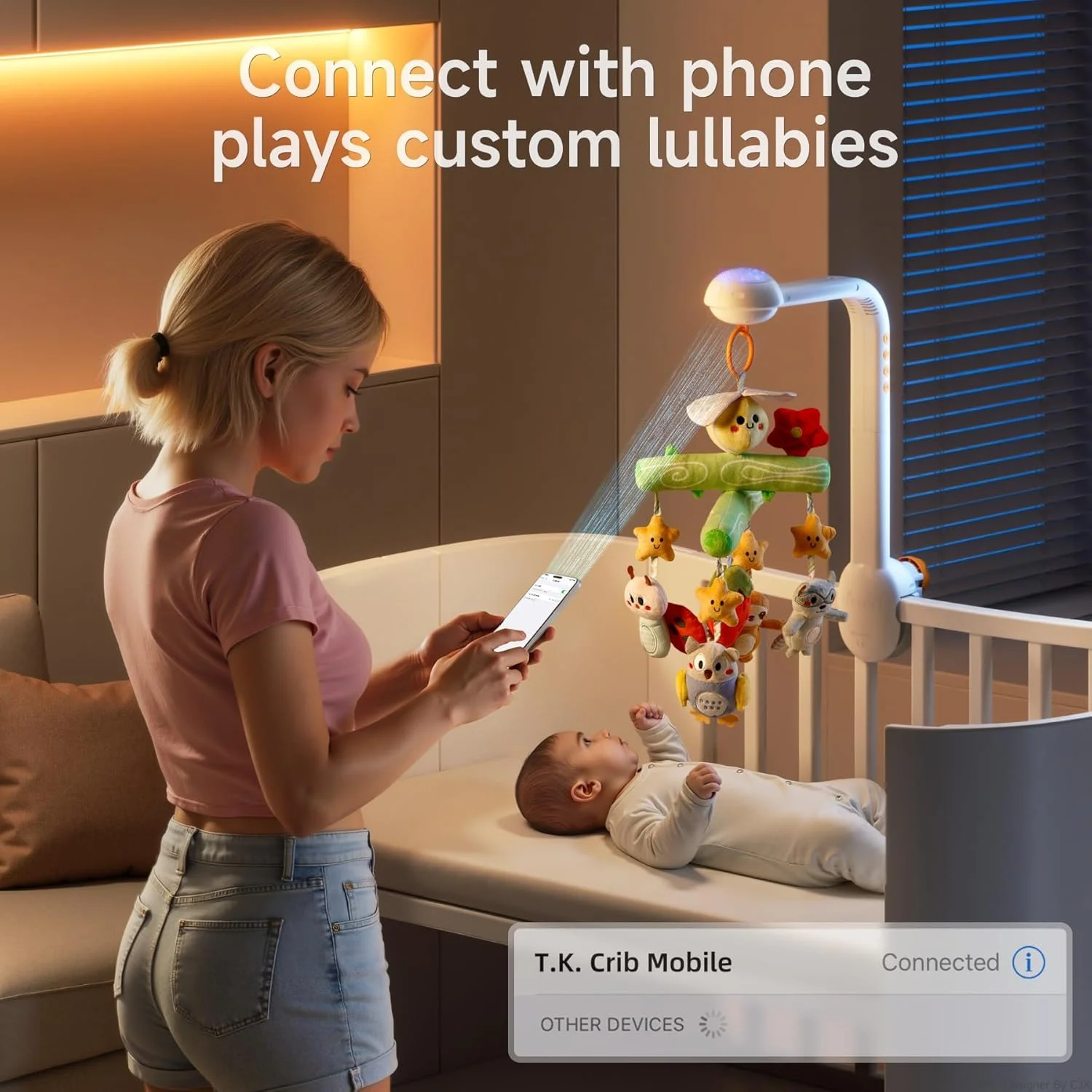 آویز تخت نوزاد توماما، موزیکال و دارای نویز سفید، موتور چرخان بی‌صدا، اسباب بازی‌های اتاق کودک با چراغ خواب پروژکتوری، آویزهای آینه‌ای پولیشی نرم برای نوزاد 0 ماهه و بالاتر