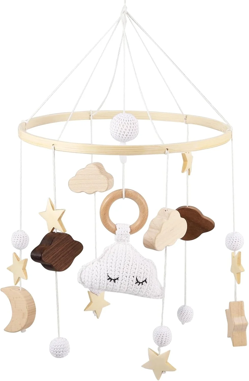آویز تخت نوزاد، آویز چوبی تخت برای نوزادان، آویز بادی با طرح ابرها و ستاره ها، اسباب بازی آویز تخت با توپ های نمدی، دکوراسیون اتاق کودک برای نوزادان 0-12 ماهه (ابر)