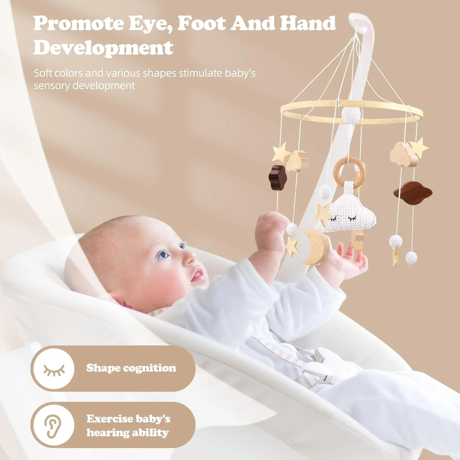 آویز تخت نوزاد، آویز چوبی تخت برای نوزادان، آویز بادی با طرح ابرها و ستاره ها، اسباب بازی آویز تخت با توپ های نمدی، دکوراسیون اتاق کودک برای نوزادان 0-12 ماهه (ابر)