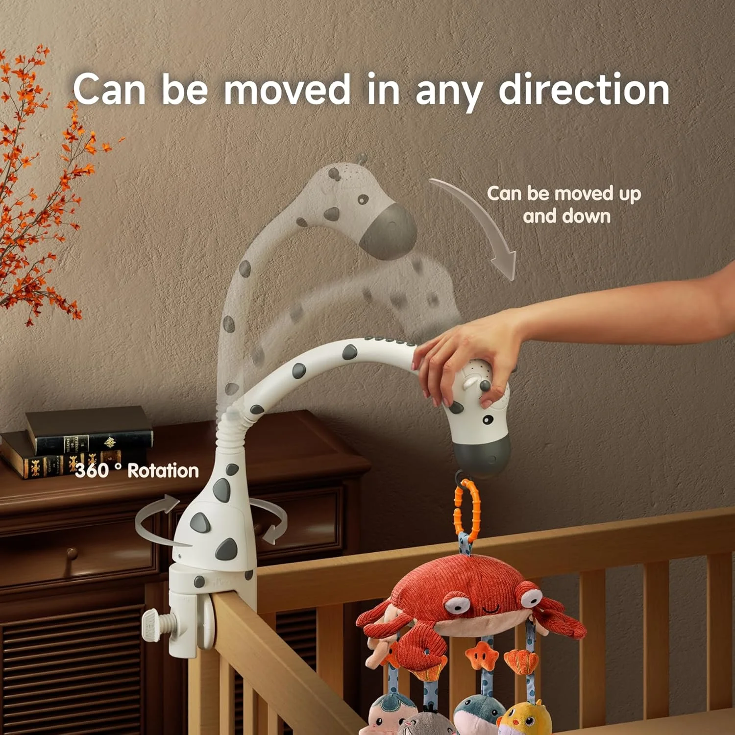 آویز تخت موزیکال کودک توماما با کنترل از راه دور، آینه، حیوانات نرم آویز، چراغ ها، لالایی، پروژکتور چرخشی خواب، پیانو، موسیقی طبیعی، خاموش شدن خودکار، موتور چرخش بی صدا، هدیه نوزادی