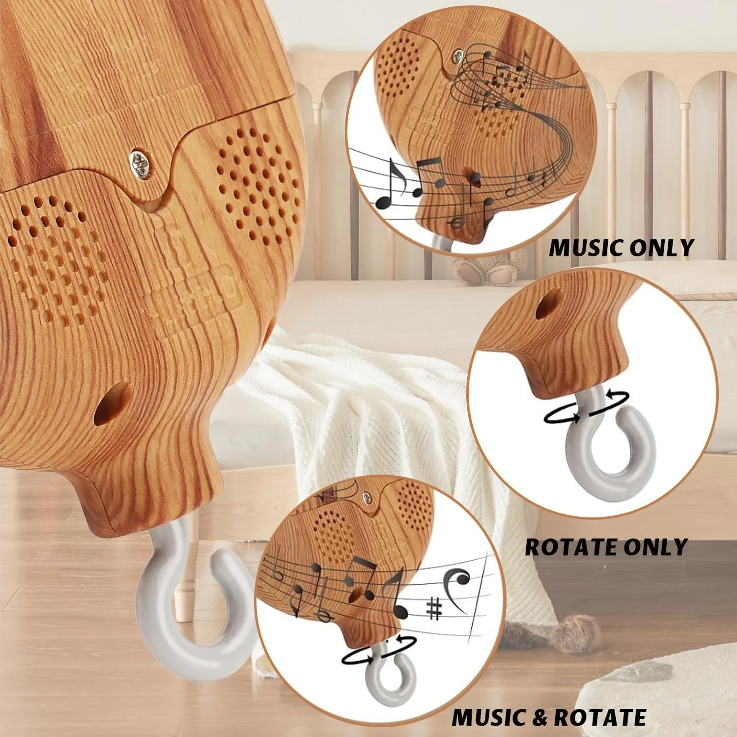 موزیک باکس چرخشی موبایل کودک طرح چوب با قلاب گردان و موتور