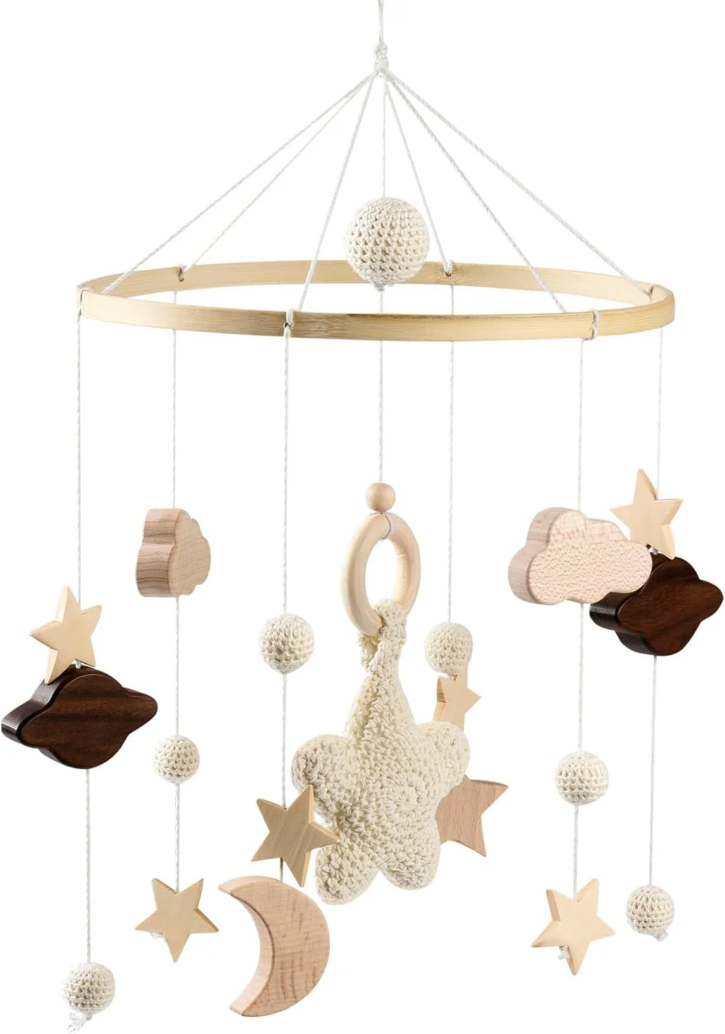 آویز تخت نوزاد، آویز چوبی تخت برای نوزادان، آویز بادی با طرح ابرها و ستاره‌ها، اسباب بازی آویز تخت با توپ‌های نمدی، دکوراسیون اتاق کودک برای نوزادان 0-12 ماهه (ستاره)