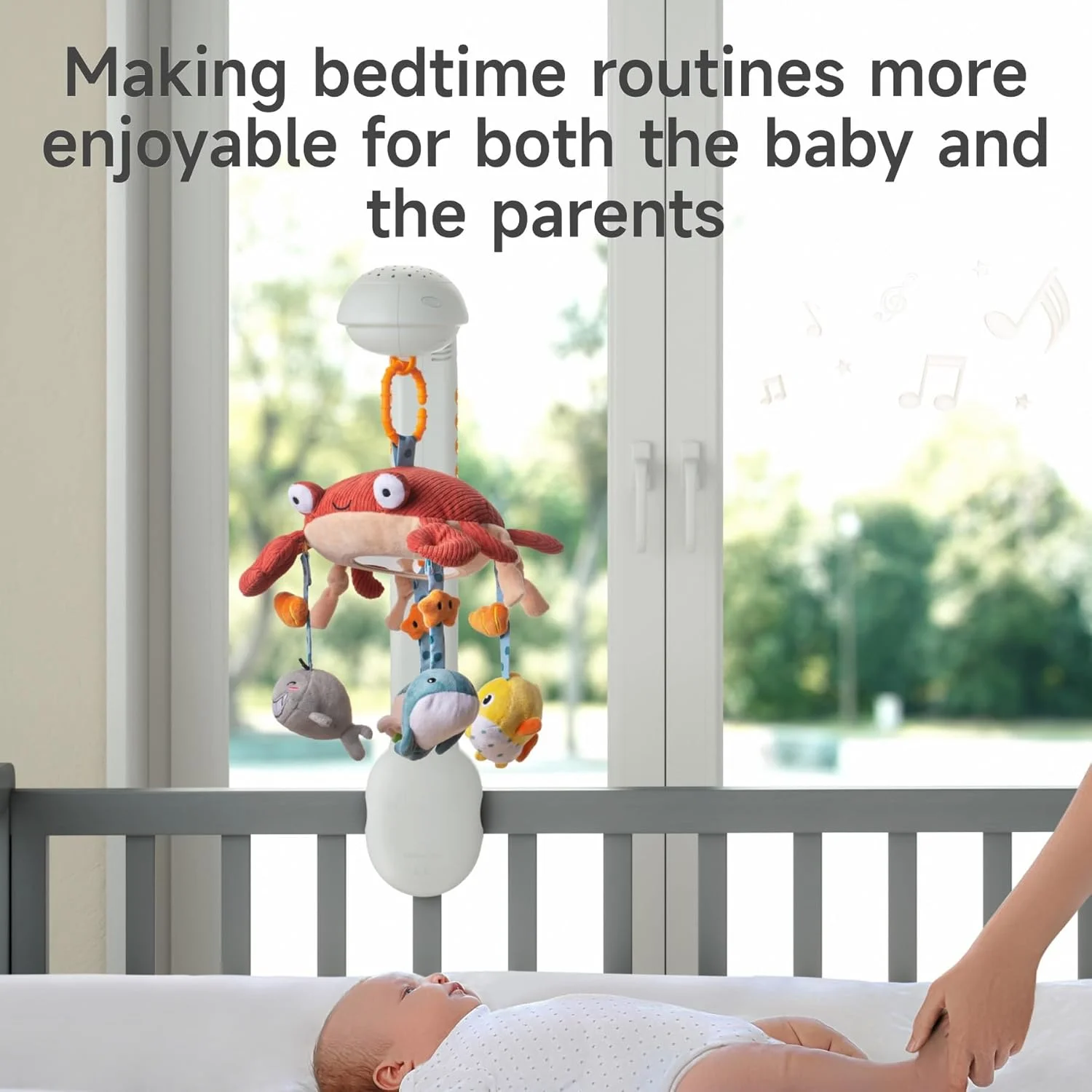 مجموعه موبایل تخت نوزاد TUMAMA با نور موزیکال و آویز حیوانات نرم، موتور چرخان بی‌صدا، ماشین خواب مهد کودک برای نوزاد 0 3 6 9 ماهه، هدیه برای کودک نوپا