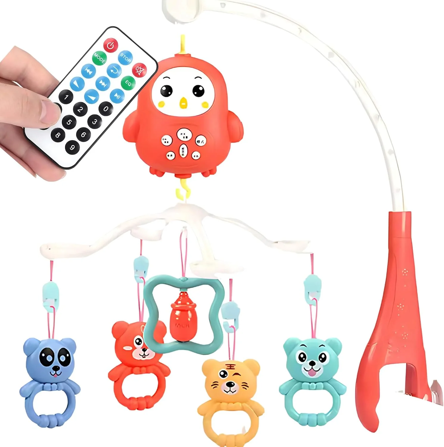 موبایل تخت نوزاد با موسیقی و کنترل از راه دور - مجموعه اسباب بازی جغجغه آویز چرخشی 360 درجه برای نوزادان، پایه قابل تنظیم، ملودی های آرامش بخش برای 0-12 ماه (قرمز)