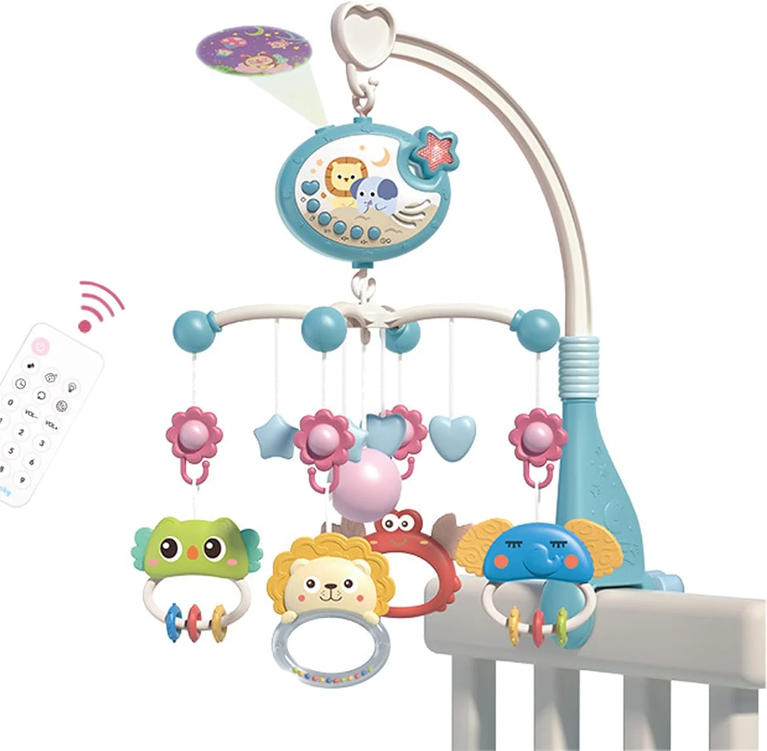 آویز تخت نوزاد U-HOOME با موسیقی و چراغ، پروژکتور ماه و ستاره و جغجغه های کارتونی، جعبه موسیقی کنترل از راه دور، آویز تخت با کنترل از راه دور برای نوزادان پسر و دختر 0-6 ماهه (پروژکتور ستاره)