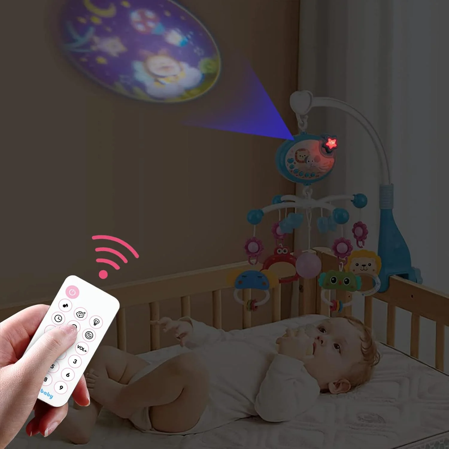 آویز تخت نوزاد U-HOOME با موسیقی و چراغ، پروژکتور ماه و ستاره و جغجغه های کارتونی، جعبه موسیقی کنترل از راه دور، آویز تخت با کنترل از راه دور برای نوزادان پسر و دختر 0-6 ماهه (پروژکتور ستاره)