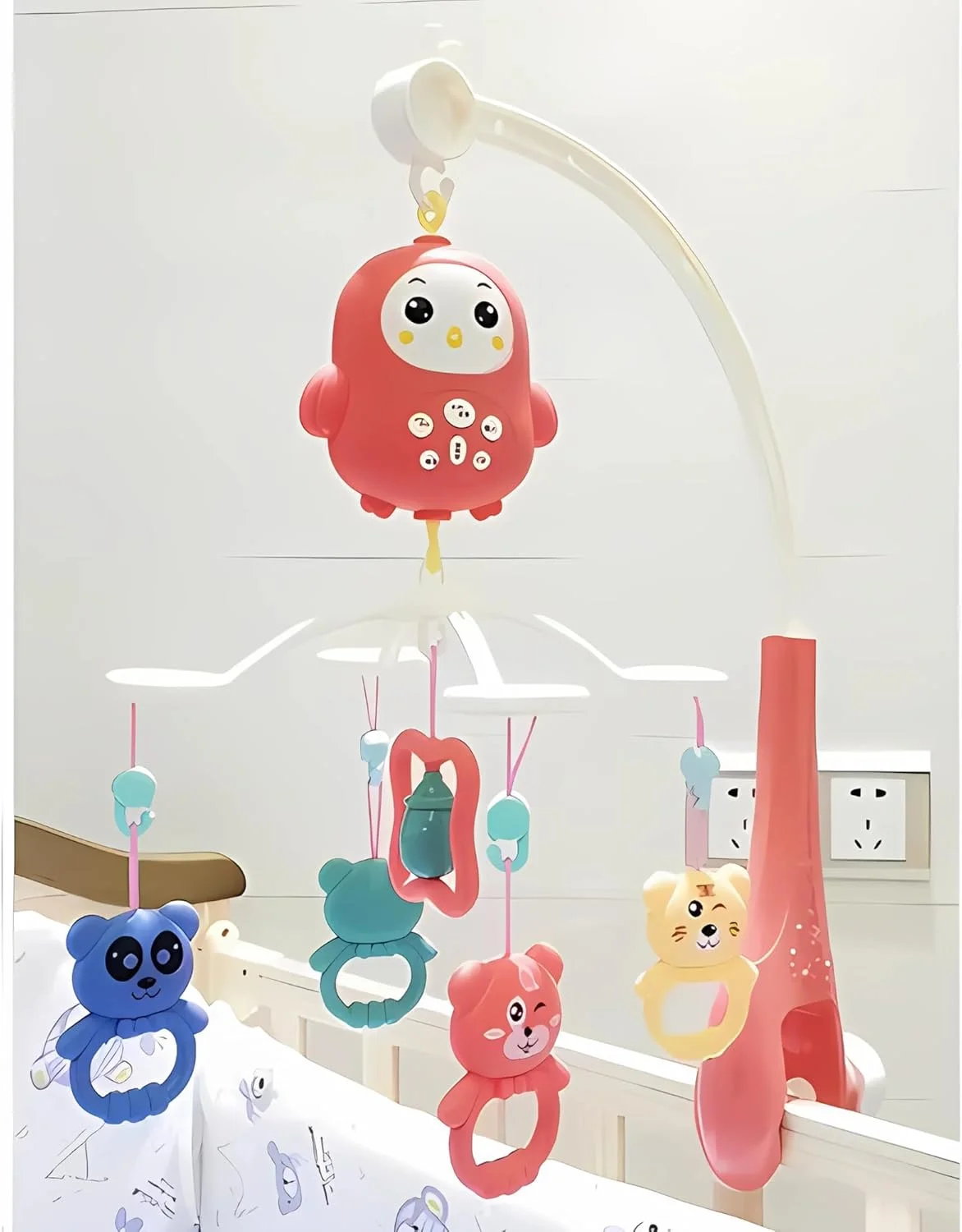 موبایل تخت نوزاد با موسیقی و کنترل از راه دور - مجموعه اسباب بازی جغجغه آویز چرخشی 360 درجه برای نوزادان، پایه قابل تنظیم، ملودی های آرامش بخش برای 0-12 ماه (قرمز)