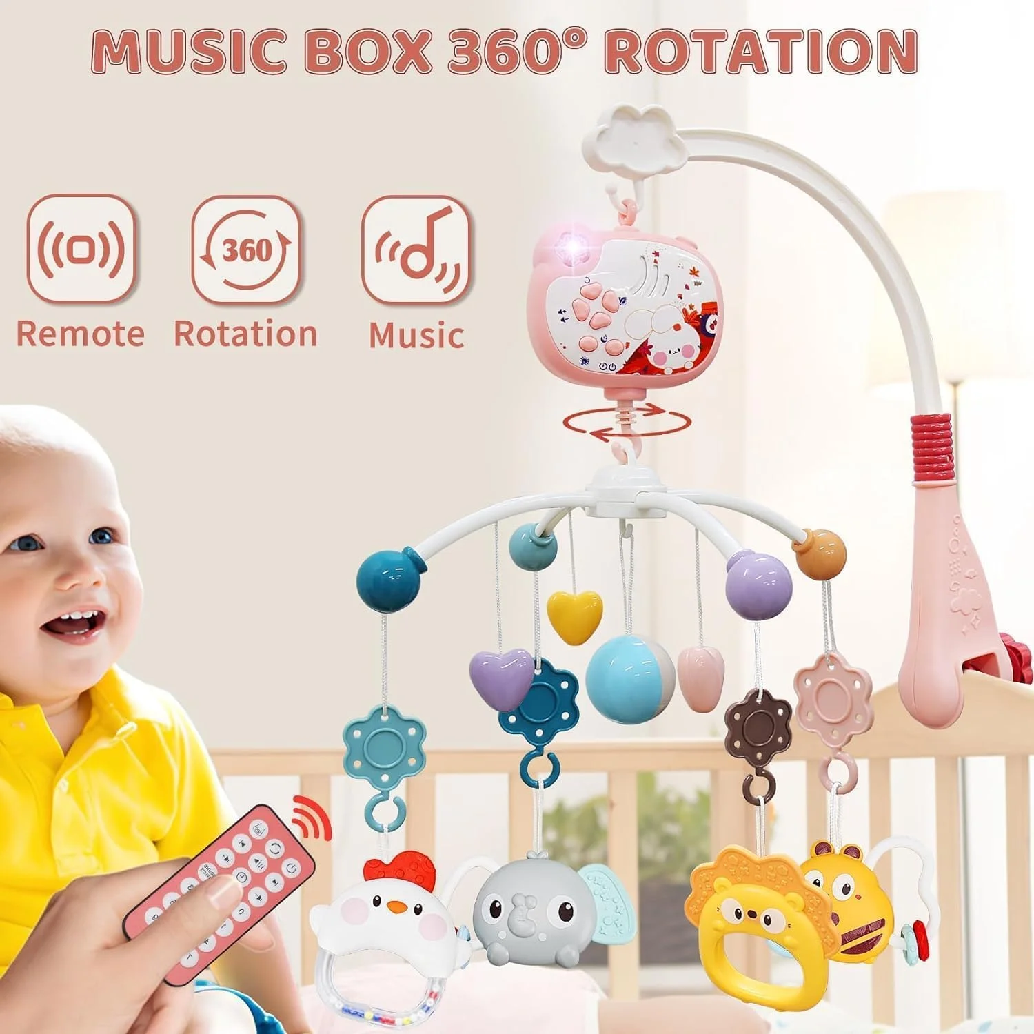 موبایل تخت نوزاد با موسیقی و چراغ، اسباب بازی تخت با کنترل از راه دور، چرخش، پروجکشن ماه و ستاره، دندان گیر جویدنی، اسباب بازی موبایل مناسب برای کودکان تازه متولد شده
