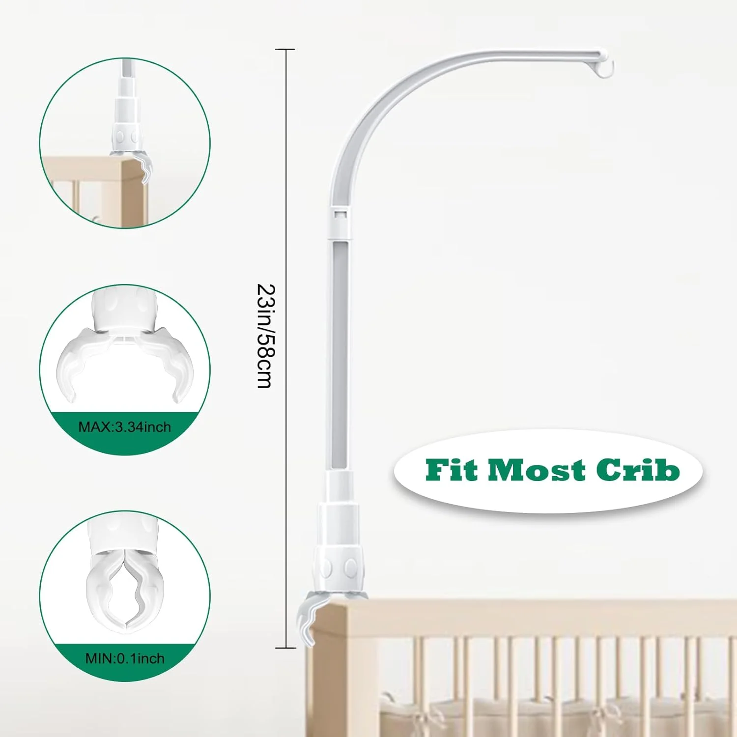 پایه بازویی نگهدارنده آویز تخت نوزاد لودینگ 58 سانتی متری، گیره قابل تنظیم عرض - مناسب برای آویزهای تزیینی (فقط پایه، بدون جعبه موزیکال)