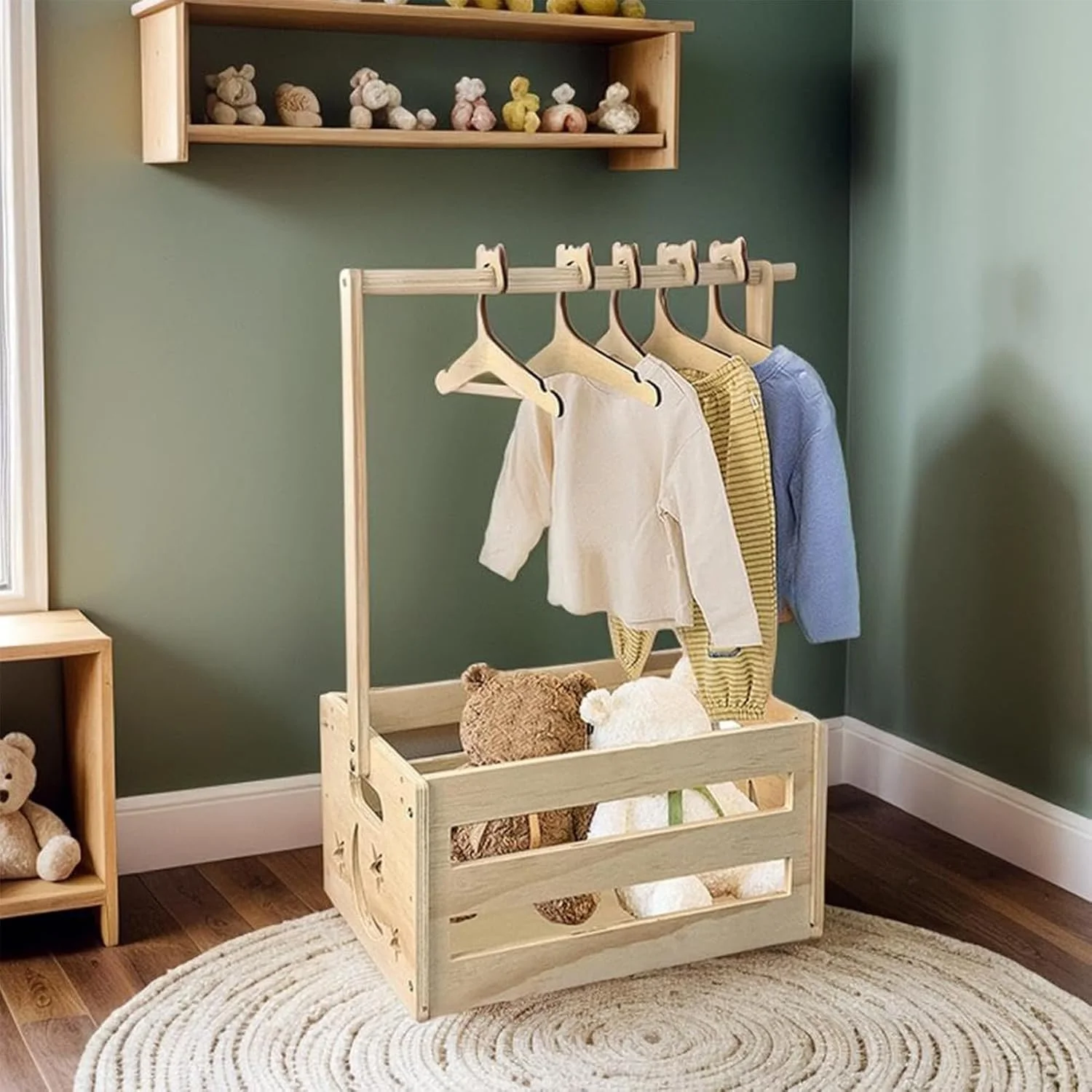 جعبه کمد کودک با چوب لباسی - جعبه چوبی لباس کودک | نظم دهنده اتاق کودک برای اتاق نشیمن، اتاق خواب، جشن تولد و دورهمی خانوادگی