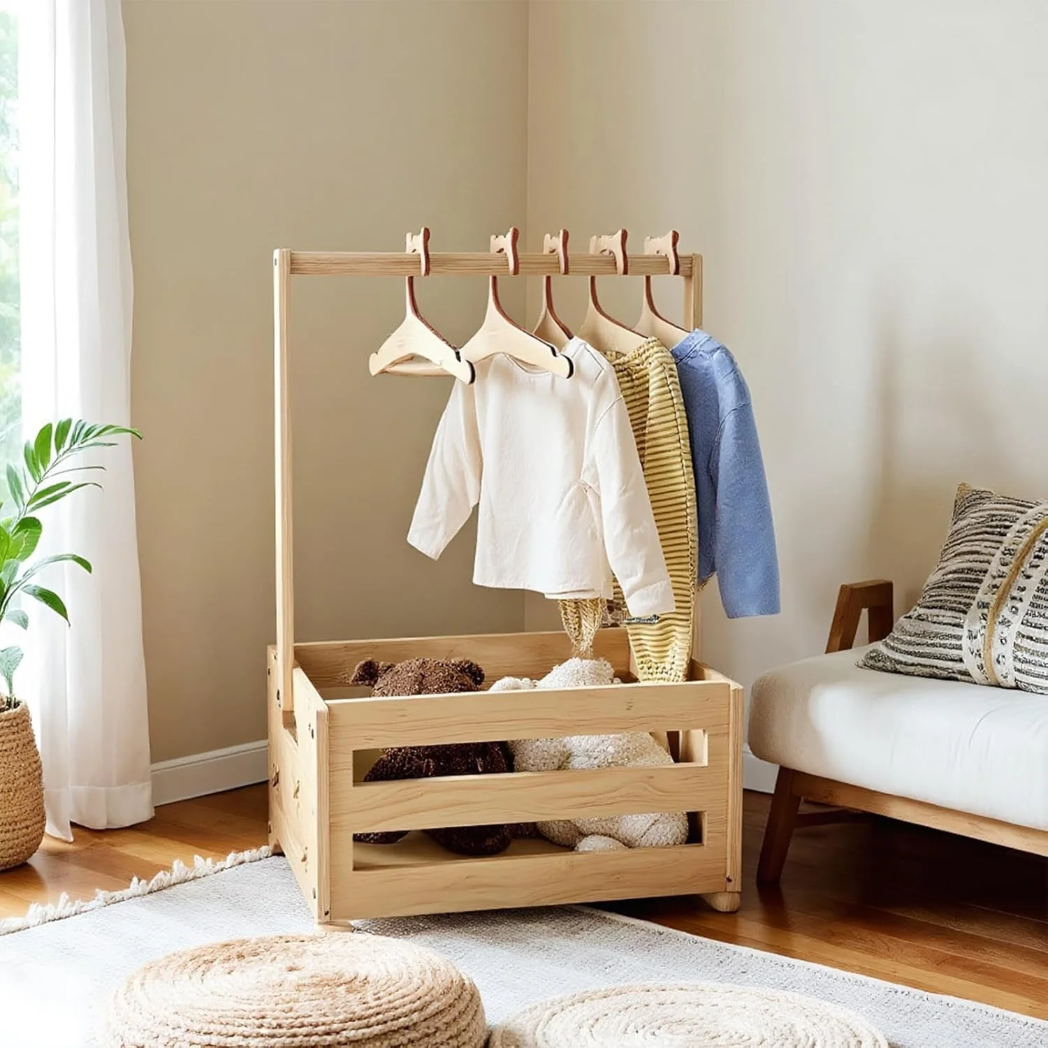 جعبه کمد کودک با چوب لباسی - جعبه چوبی لباس کودک | نظم دهنده اتاق کودک برای اتاق نشیمن، اتاق خواب، جشن تولد و دورهمی خانوادگی