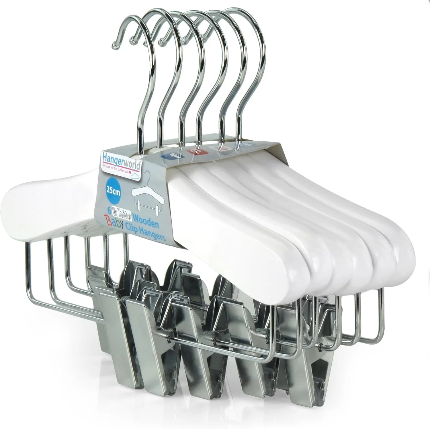 چوب لباسی چوبی سفید کودک و نوزاد ۲۵ سانتی متری با گیره دامن و شلوار