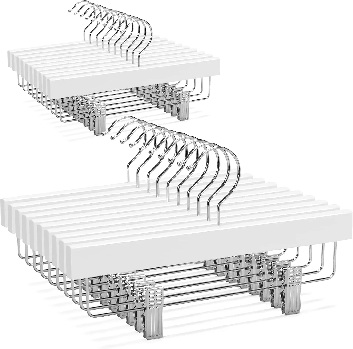 چوب لباسی شلوار چوبی جامد کودک نیچر اسمایل 30 سانتی متری، چوب لباسی دامن چوبی، چوب لباسی پایین شلوار با 2 گیره قابل تنظیم و قلاب ضد زنگ، بسته 20 عددی (سفید)