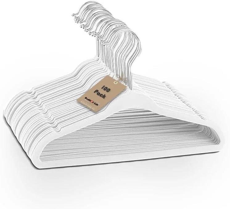 چوب لباسی مخملی کودک رِد دات گیفت، 28 سانتی‌متری - چوب لباسی ضد لغزش برای لباس کودک | قلاب کرومی چرخان 360 درجه (100 عدد، سفید)