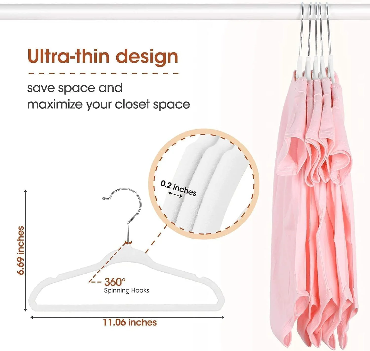 چوب لباسی مخملی کودک رِد دات گیفت، 28 سانتی‌متری - چوب لباسی ضد لغزش برای لباس کودک | قلاب کرومی چرخان 360 درجه (100 عدد، سفید)