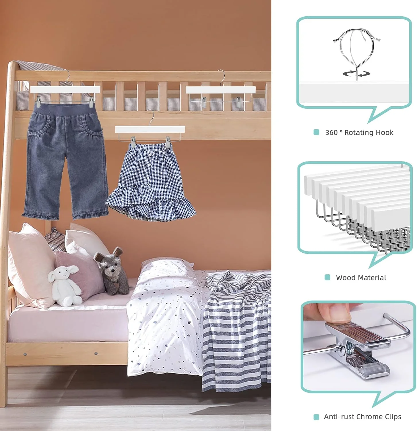 چوب لباسی شلوار چوبی جامد کودک نیچر اسمایل 30 سانتی متری، چوب لباسی دامن چوبی، چوب لباسی پایین شلوار با 2 گیره قابل تنظیم و قلاب ضد زنگ، بسته 20 عددی (سفید)