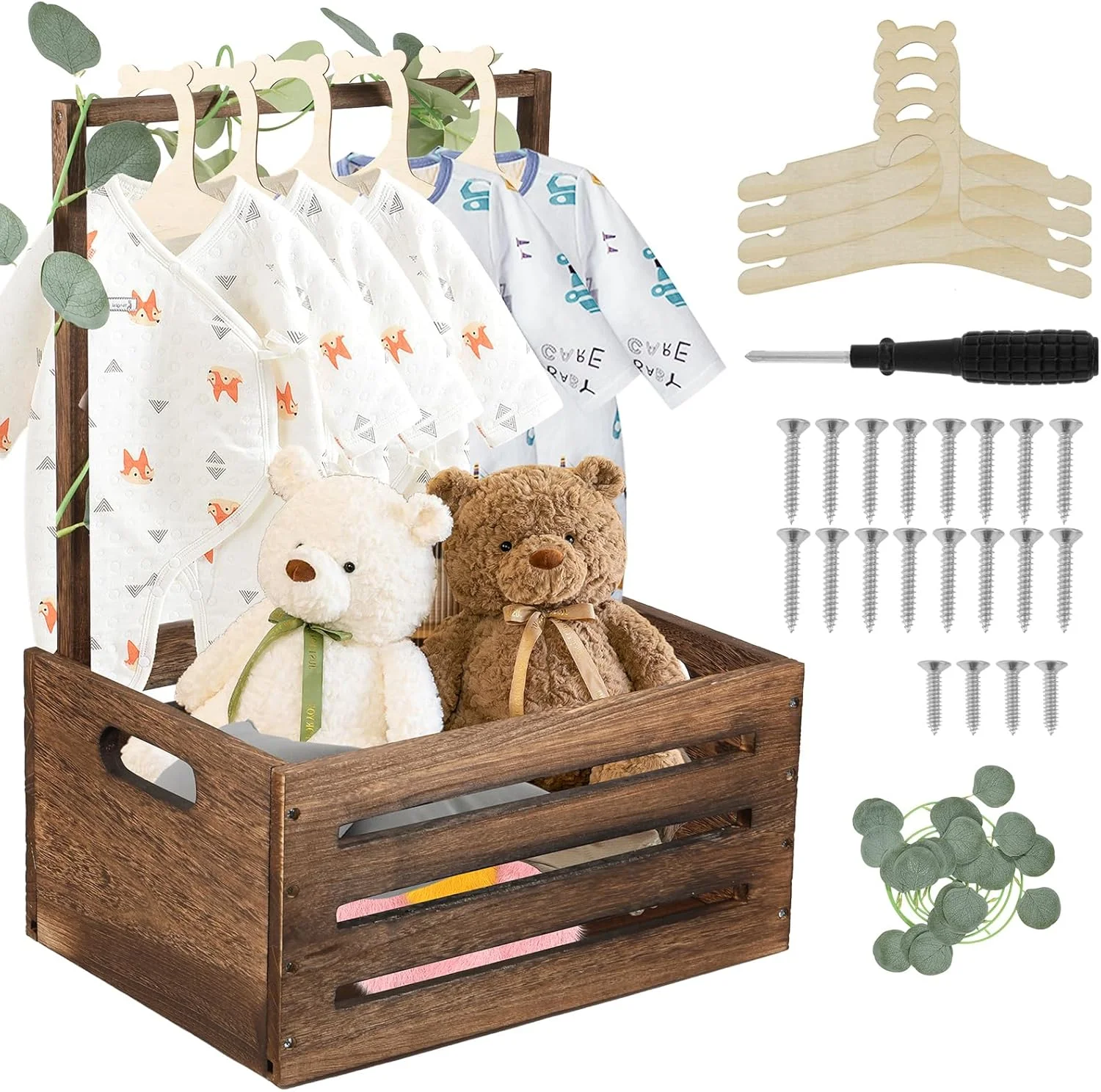 کمد چوبی سیسمونی با 5 عدد چوب لباسی کودک و حصیر، سبد ذخیره سازی کودک با دسته، قفسه لباس چوبی کودک، سبد ذخیره سازی لوازم ضروری نوزاد (41x20x70cm)