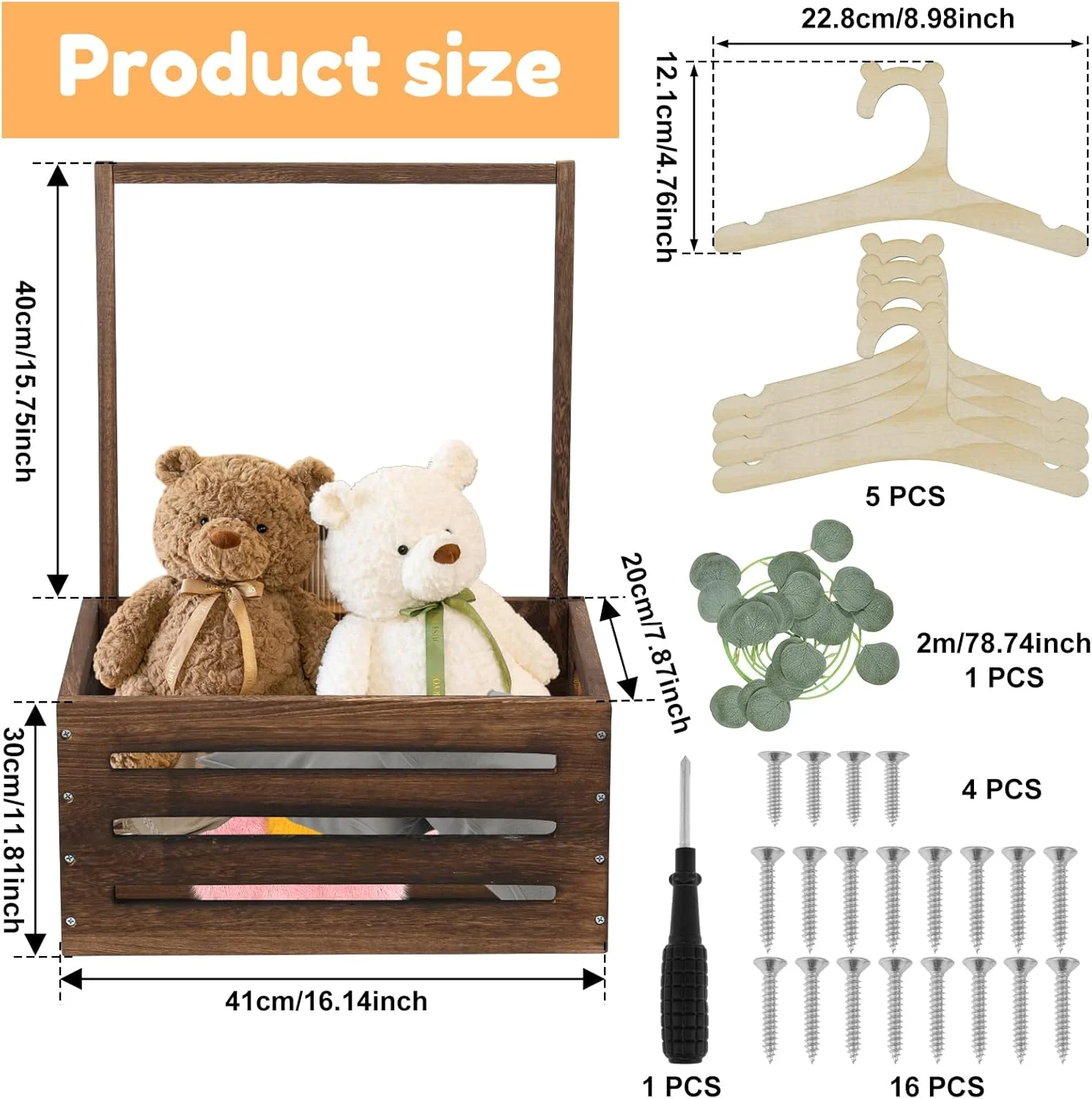 کمد چوبی سیسمونی با 5 عدد چوب لباسی کودک و حصیر، سبد ذخیره سازی کودک با دسته، قفسه لباس چوبی کودک، سبد ذخیره سازی لوازم ضروری نوزاد (41x20x70cm)