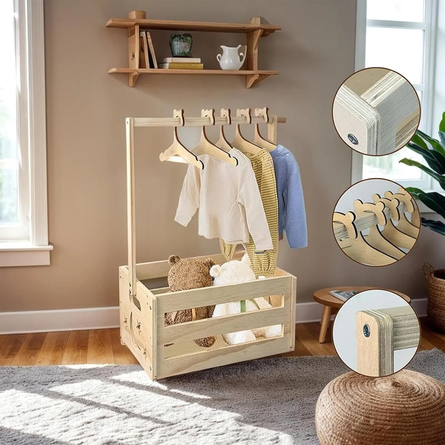 جعبه کمد لباس کودک به همراه چوب لباسی | جعبه های چوبی لباس کودک، نظم دهنده اتاق کودک برای خانه، جشن تولد، اتاق نشیمن، دورهمی خانوادگی، جشن