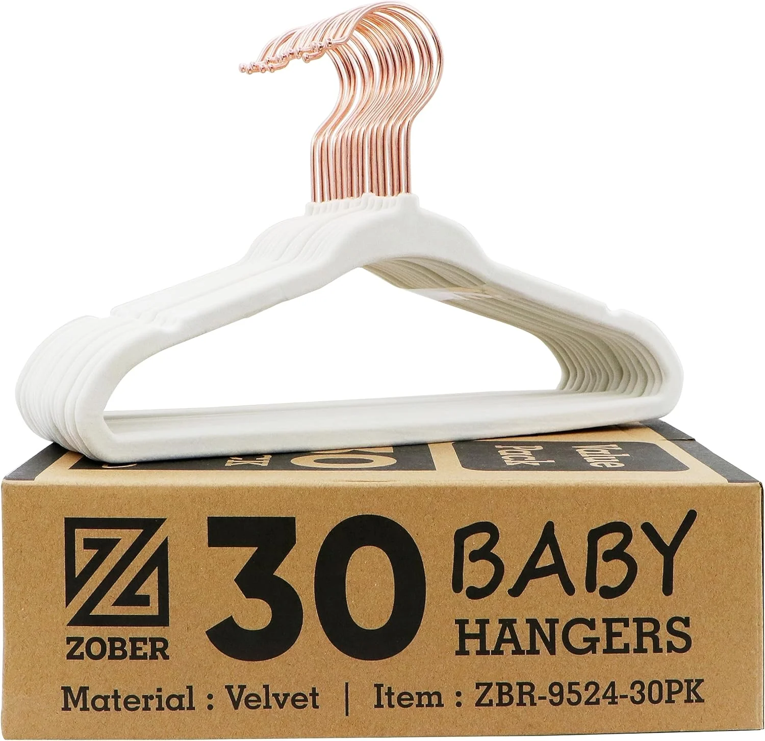 چوب لباسی مخملی بچه گانه ZOBER با قلاب رزگلد ضد لغزش، مناسب برای کمد لباس، پیراهن، شلوار و لباس | قلاب گردان - چوب لباسی بادوام نوزاد با شکاف (بسته 30 عددی، سفید)