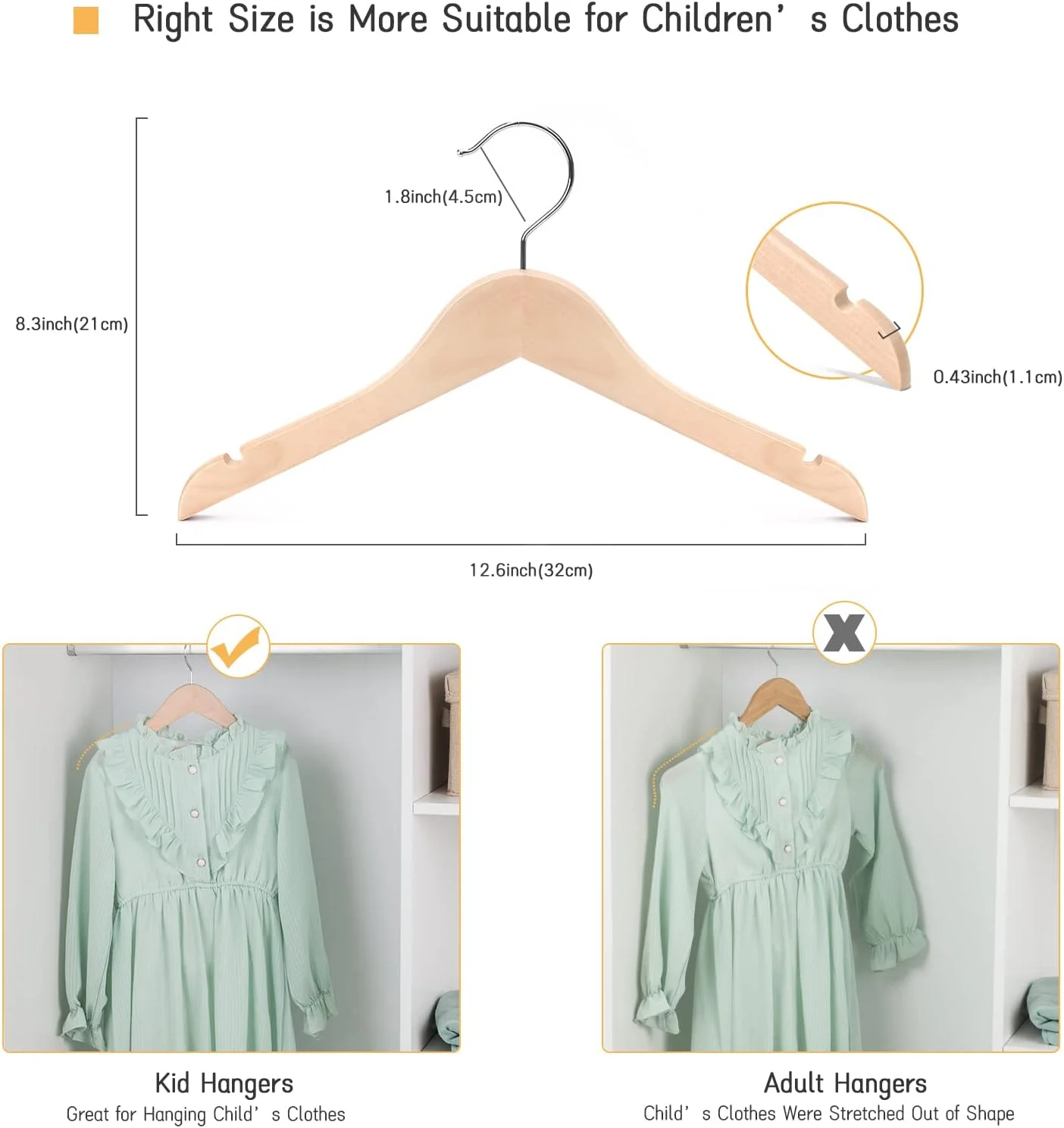 چوب لباسی لباس کودک Nature Smile، بسته 20 عددی، چوبی، پرداخت نشده/طبیعی، مناسب پیراهن، لباس، کت، دارای قلاب کروم ضد زنگ چرخان 360 درجه و شکاف های برش خورده بسیار صاف