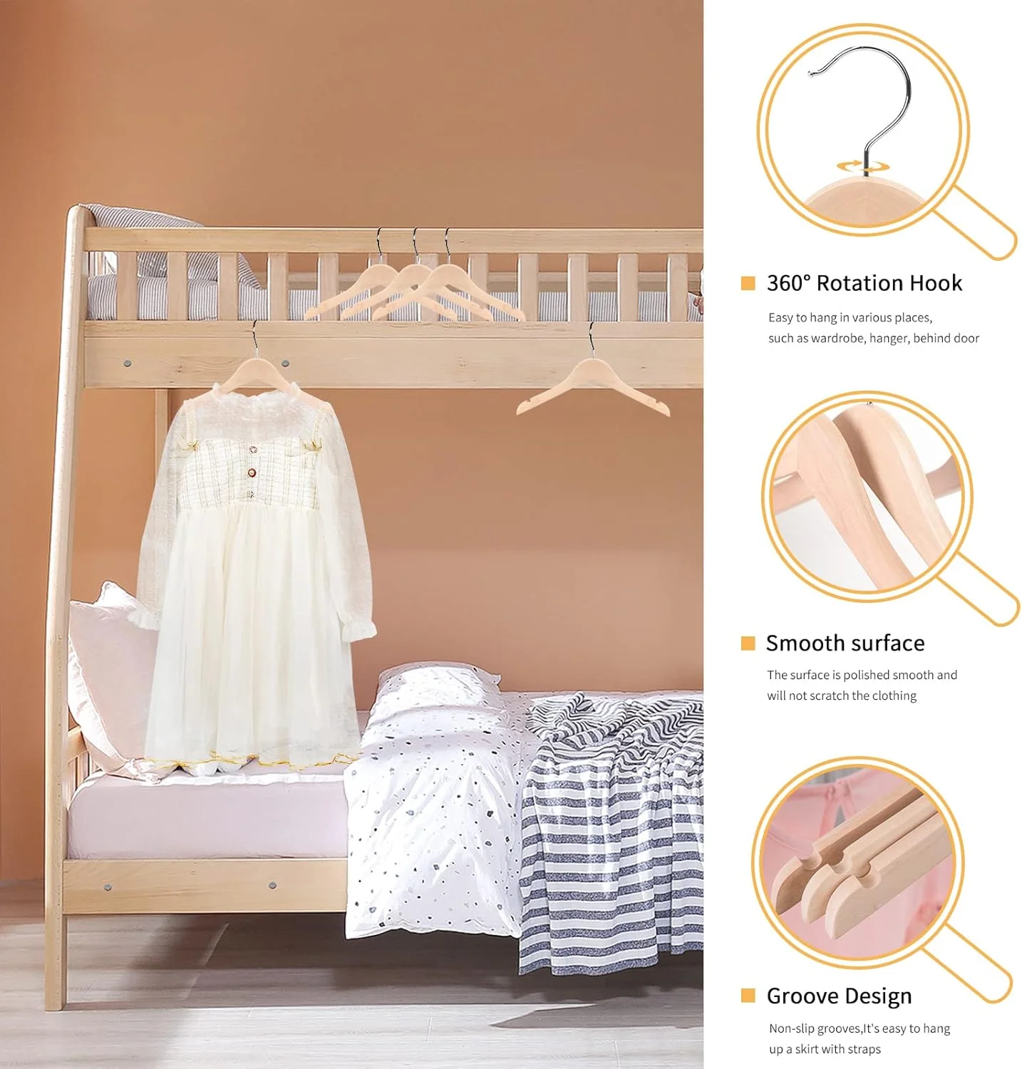 چوب لباسی لباس کودک Nature Smile، بسته 20 عددی، چوبی، پرداخت نشده/طبیعی، مناسب پیراهن، لباس، کت، دارای قلاب کروم ضد زنگ چرخان 360 درجه و شکاف های برش خورده بسیار صاف