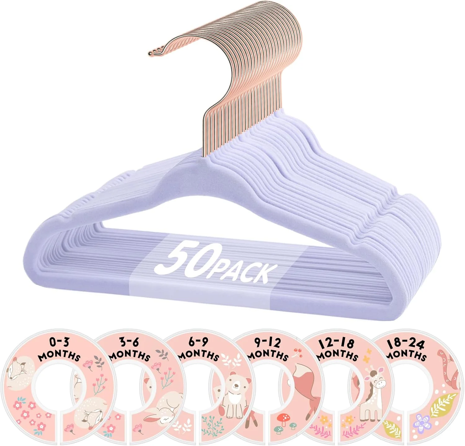 چوب لباسی بچه VIS'V، چوب لباسی مخملی بنفش 28 سانتی متری با 6 عدد جداکننده سایز، چوب لباسی لباس کودکانه ضد لغزش برای نوزادان دختر و پسر - 50 عدد