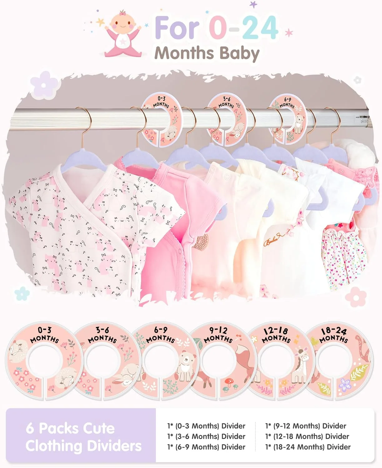 چوب لباسی بچه VIS'V، چوب لباسی مخملی بنفش 28 سانتی متری با 6 عدد جداکننده سایز، چوب لباسی لباس کودکانه ضد لغزش برای نوزادان دختر و پسر - 50 عدد