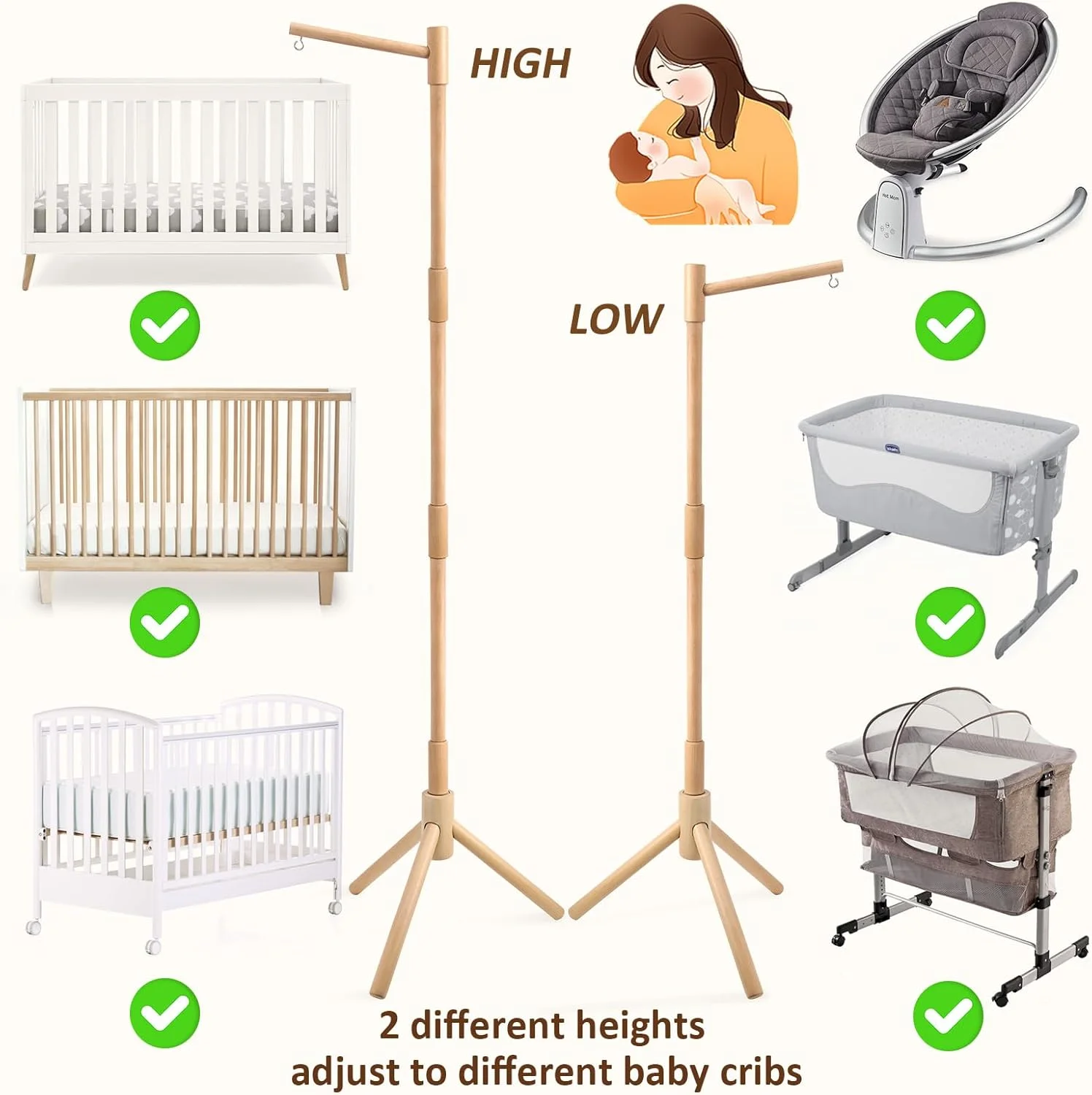 پایه موبایل تخت نوزاد ایستاده با جعبه موزیکال - پایه چوبی 165 سانتی متری برای تخت نوزاد - موتور موبایل تخت - کنترل صدا - 35 لالایی - دکور چوبی اتاق کودک - آویز موبایل کودک