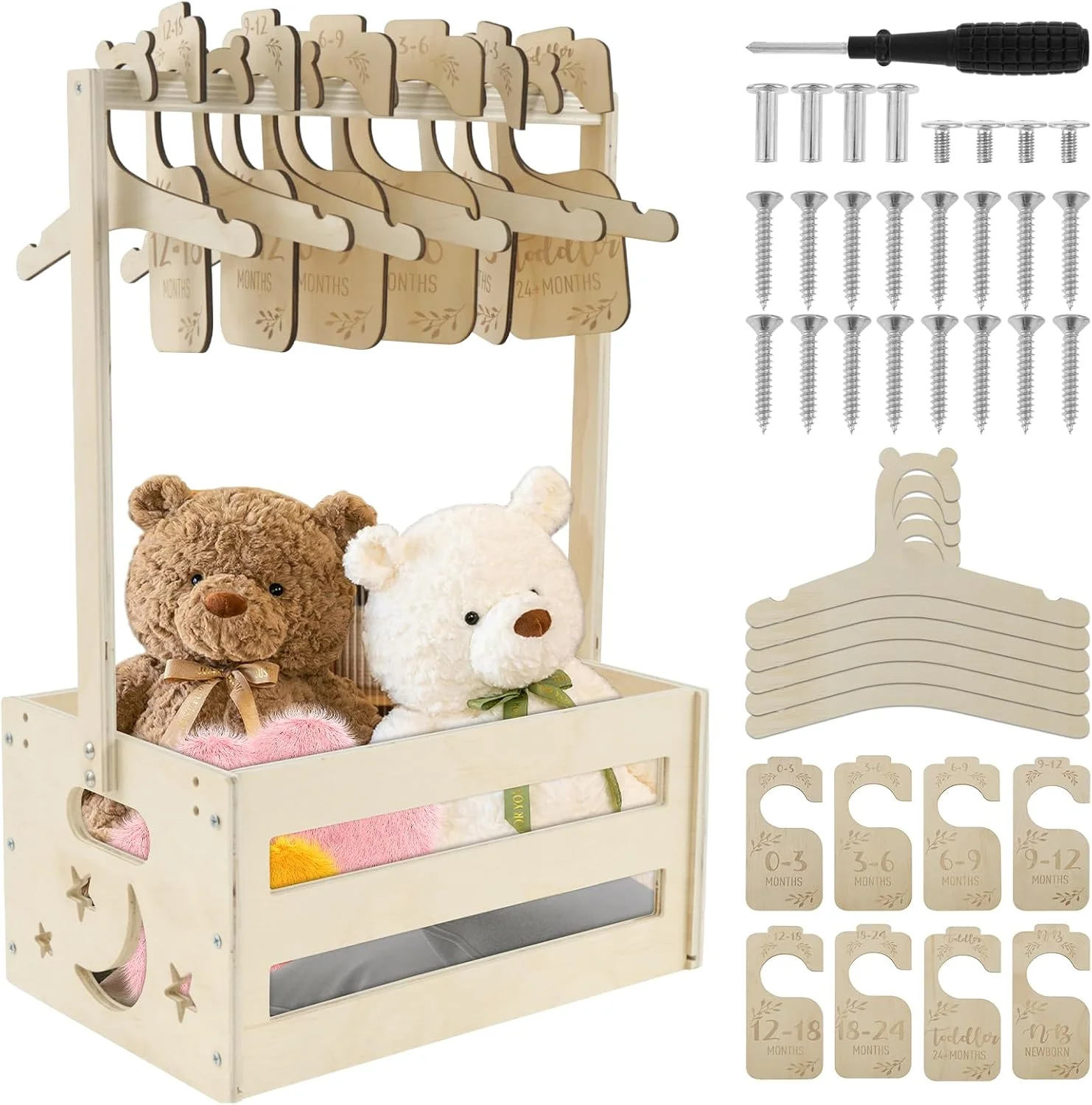 سبد هدیه چوبی نوزاد با دسته، سبد سیسمونی نوزاد با ۶ آویز، ۸ تکه، ۳۳x۲۳x۵۴.۵ سانتی متر، جعبه نگهداری شخصی سازی شده، هدیه خوش آمدگویی نوزاد پسر دختر برای مادر و پدر جدید