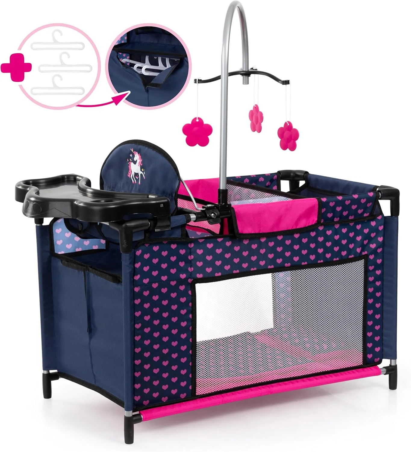 تخت عروسک بایِر دیزاین مدل 62654AA به همراه کمد، صندلی غذا، آویز، قفسه، لحاف، بالش و لوازم جانبی عروسک