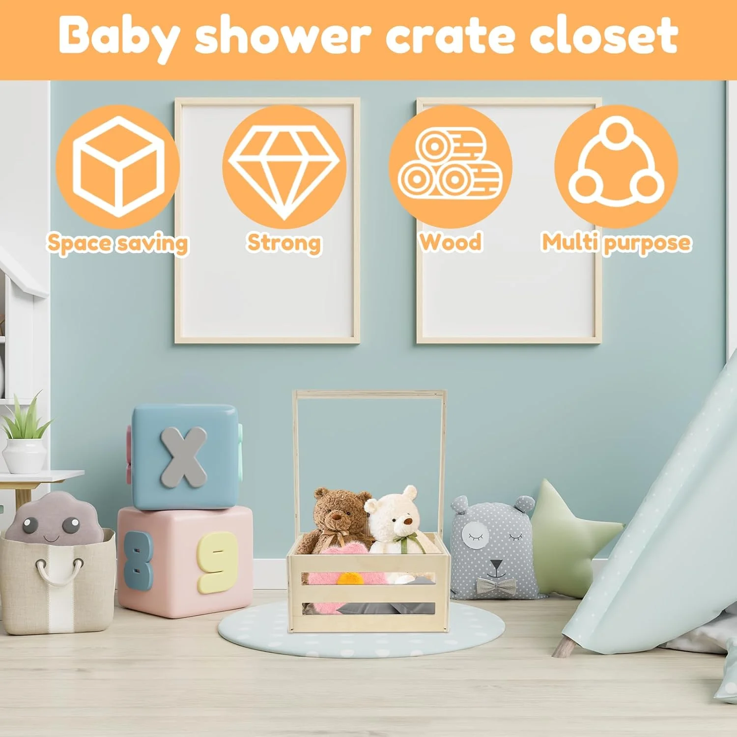 سبد هدیه چوبی نوزاد با دسته، سبد سیسمونی نوزاد با ۶ آویز، ۸ تکه، ۳۳x۲۳x۵۴.۵ سانتی متر، جعبه نگهداری شخصی سازی شده، هدیه خوش آمدگویی نوزاد پسر دختر برای مادر و پدر جدید