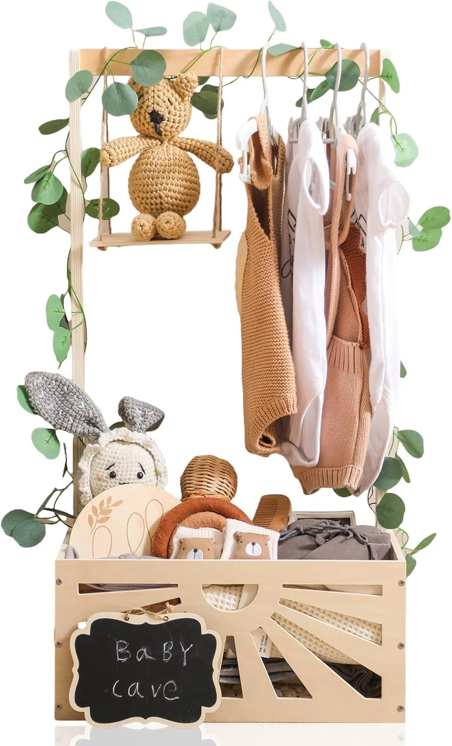 جعبه چوبی سیسمونی کودک Promise Babe به همراه 10 چوب لباسی، سبد مهمانی سیسمونی با مونتاژ آسان به همراه دسته و تاب، سبد هدیه نوزاد با ظرفیت زیاد (اکالیپتوس)