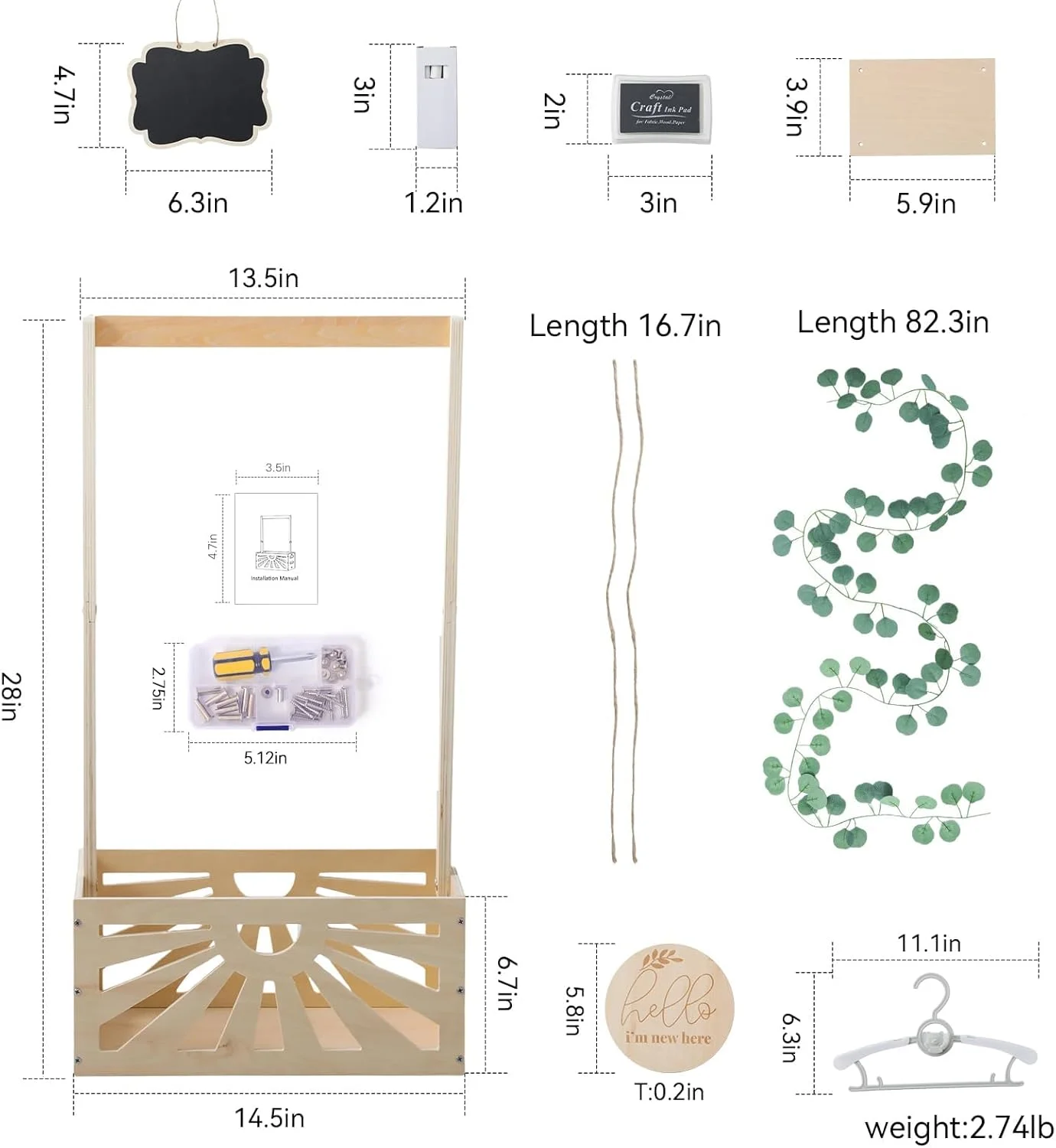 جعبه چوبی سیسمونی کودک Promise Babe به همراه 10 چوب لباسی، سبد مهمانی سیسمونی با مونتاژ آسان به همراه دسته و تاب، سبد هدیه نوزاد با ظرفیت زیاد (اکالیپتوس)