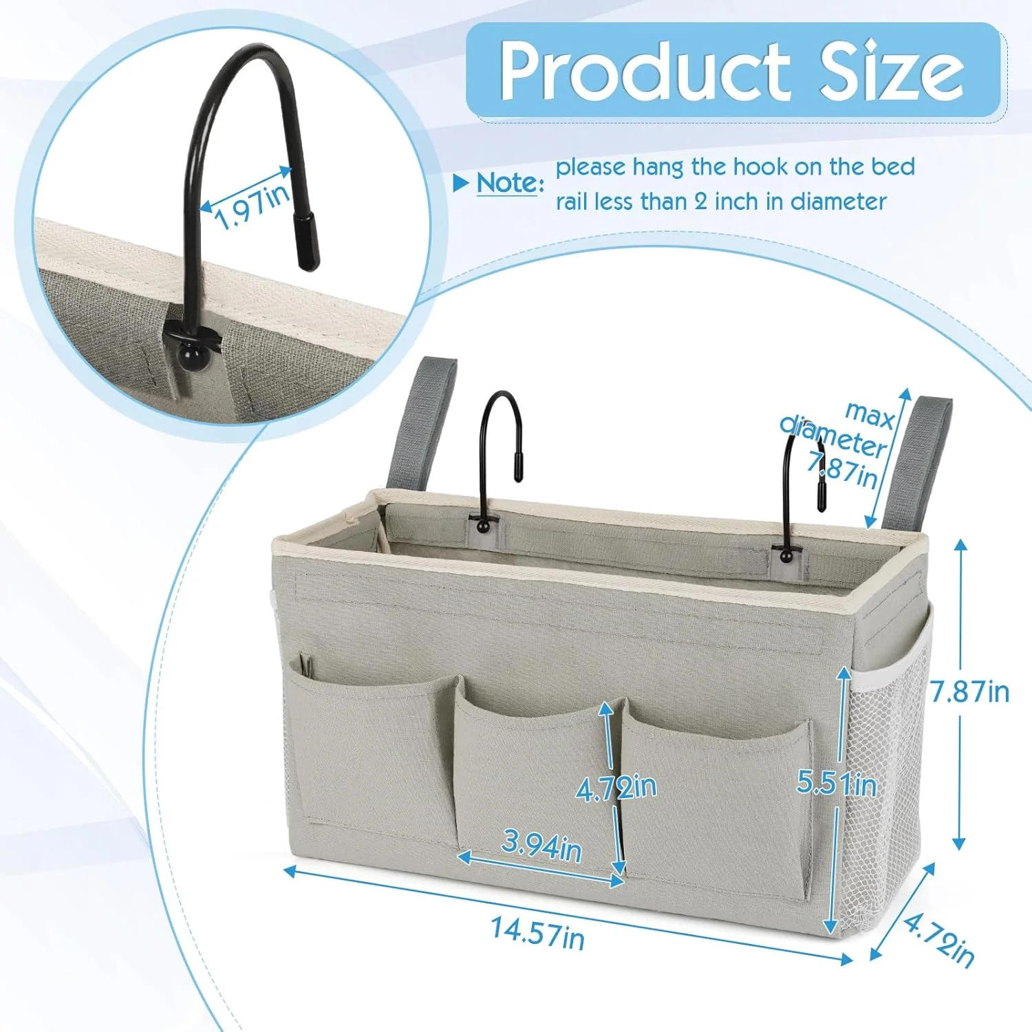 کیف آویز کنار تخت خواب/کیف نگهداری آویز کنار تخت برای تاج تخت، تختخواب های دو طبقه، اتاق خوابگاه، نگهدارنده کتاب، تلفن، مجله (خاکستری جدید)
