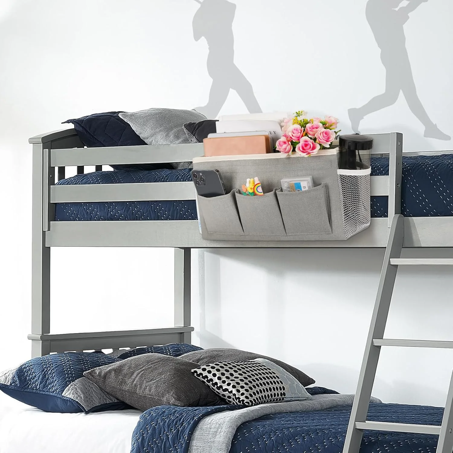 کیف آویز کنار تخت خواب/کیف نگهداری آویز کنار تخت برای تاج تخت، تختخواب های دو طبقه، اتاق خوابگاه، نگهدارنده کتاب، تلفن، مجله (خاکستری جدید)